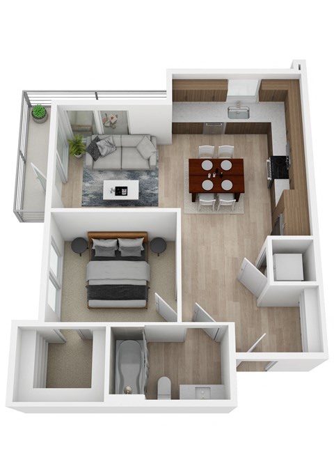 a 3d drawing of a bedroom with a living room