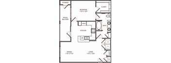 A black and white floor plan of a small apartment with a kitchen, living room, and bedroom.