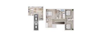 A floor plan of a house with two bedrooms, a living room, a kitchen, a bathroom, and a garage.