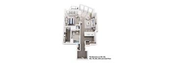 A floor plan of an apartment with a kitchen, living room, and two bedrooms.