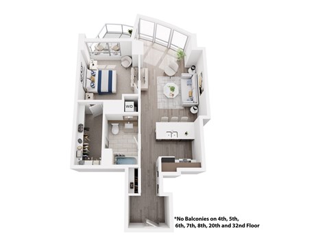 A floor plan of an apartment with a kitchen, living room, and two bedrooms.