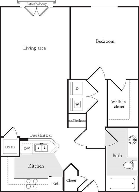 A floor plan of a room with a living area, kitchen, bath, and bedroom.