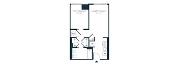 A floor plan of a small apartment with a primary bedroom, living/dining room, and a kitchen area.