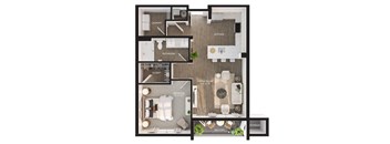 A floor plan of a house with a kitchen, bathroom, bedroom, and storage area.
