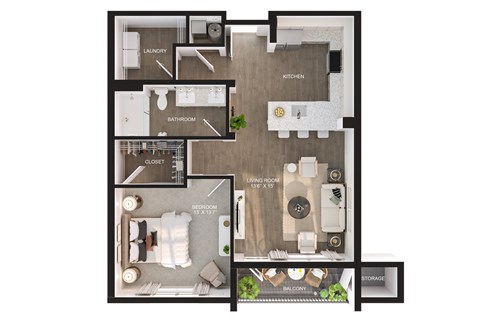 A floor plan of a house with a kitchen, bathroom, bedroom, and storage area.