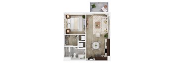 A top-down view of a modern bathroom with a toilet, sink, and a shower area.