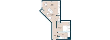 A 2D rendered image of a modern apartment.