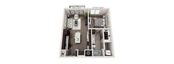 A floor plan of a small apartment with a kitchen, living room, and bathroom.