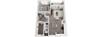 A top-down view of a small apartment with a kitchen, living room, and bathroom.
