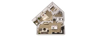 A top down view of a house interior with a kitchen, living room, and dining area.
