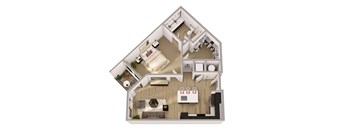 A top down view of a house interior with a kitchen, living room, and bedrooms.