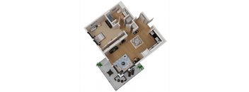 A top-down view of a house layout with a kitchen, living room, dining area, and two bedrooms.