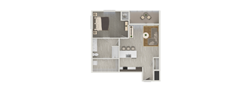 A floor plan of a house with a kitchen, living room, and two bedrooms.