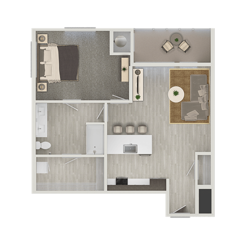 A floor plan of a house with a kitchen, living room, and two bedrooms.