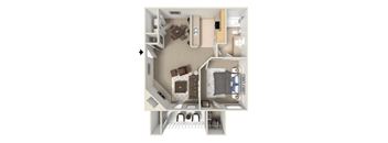 a stylized floor plan with a bedroom and a living room
