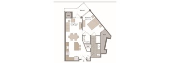 A floor plan of a house with a living room, bedroom, and bathroom.