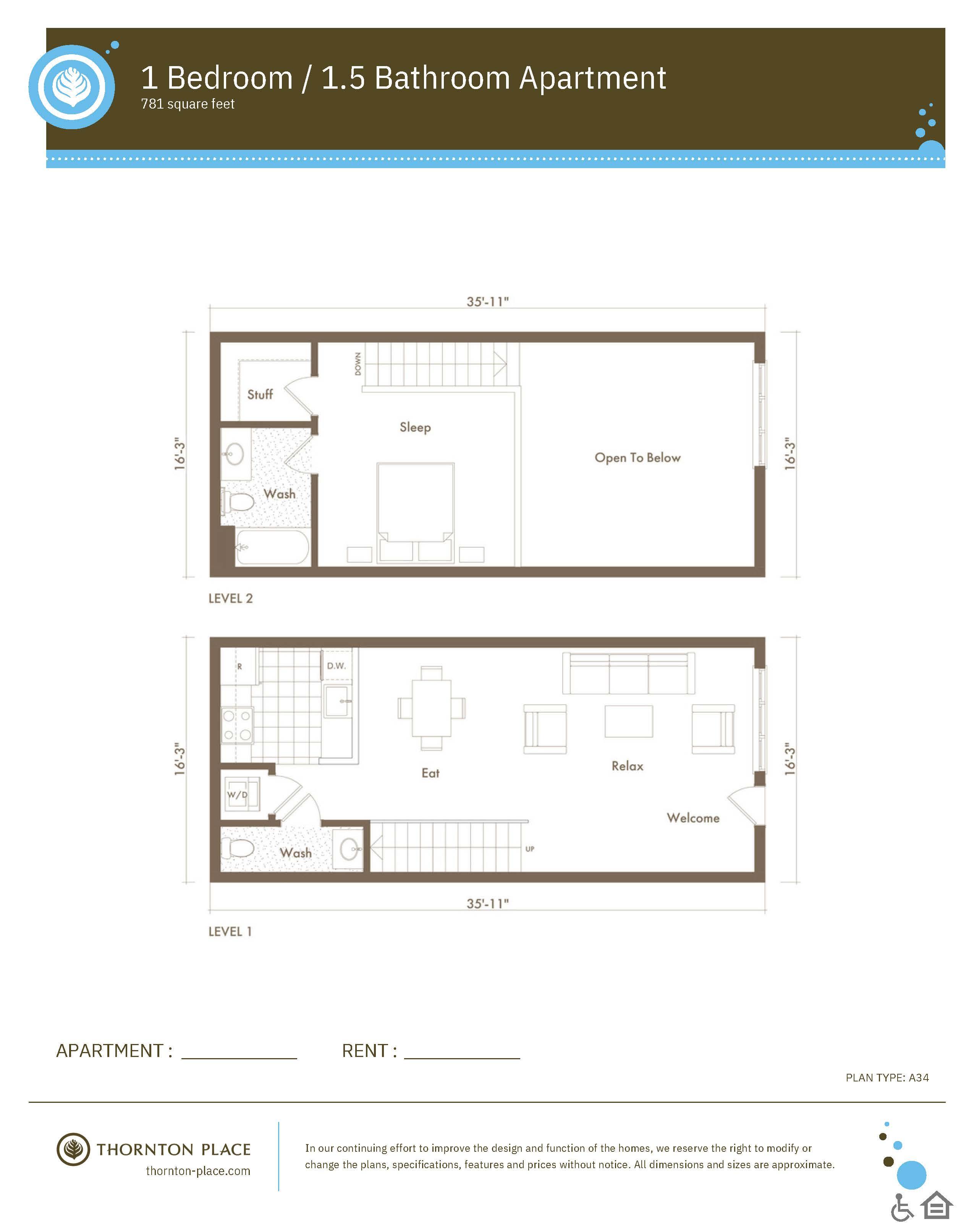 A floor plan for a 1 Bedroom / 1.5 Bathroom Apartment is shown.