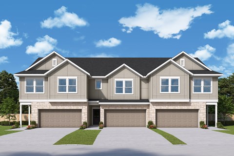 A modern house with a grey roof and two garages.