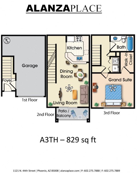 one bedroom one bathroom 829 Sq.Ft. C Floor plan at Alanza Place, Phoenix, Arizona