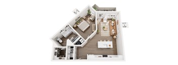 A floor plan of a small apartment with a kitchen, living room, and bedroom.