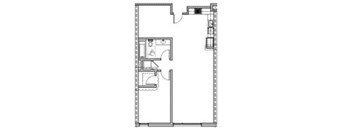 A floor plan of a house with a kitchen, living room, and bathroom.