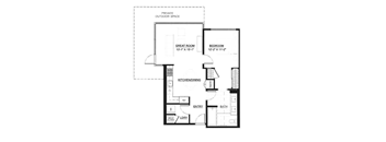 A floor plan of a house with a private outdoor space, a great room, a bedroom, a kitchen/dining area, a bathroom, and an entry.