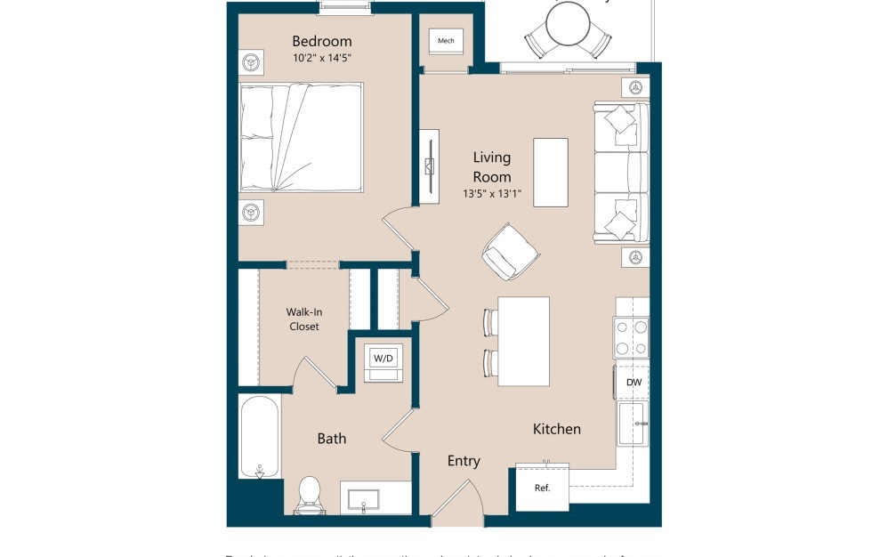 A floor plan of a house with a bedroom, living room, kitchen, bathroom, and walk-in closet.
