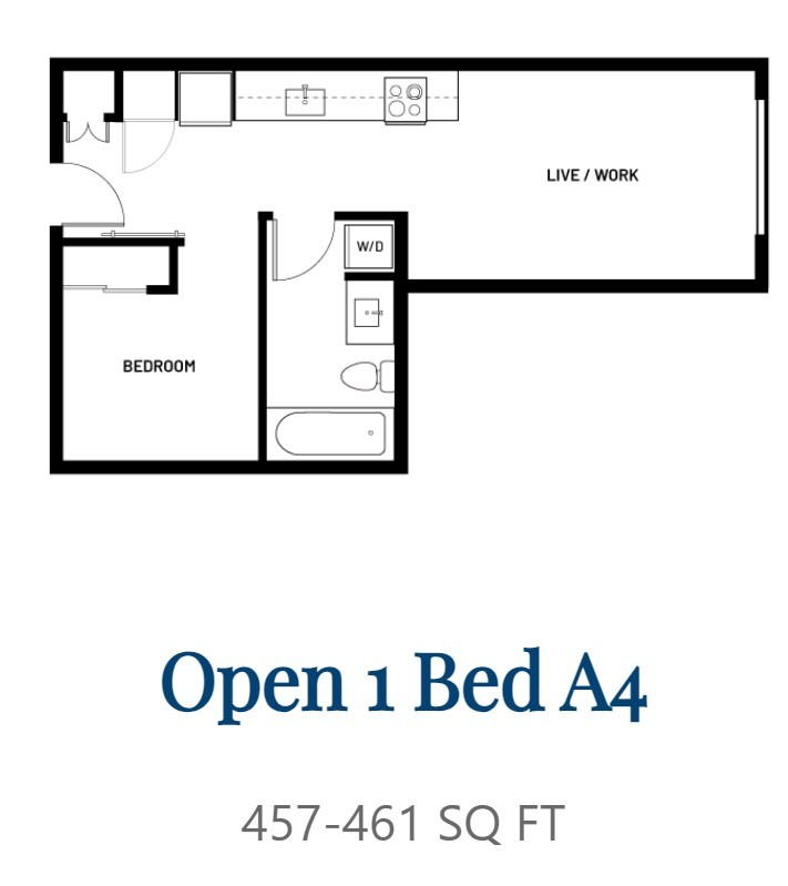 A floor plan for an apartment with one bed and a description of its size.