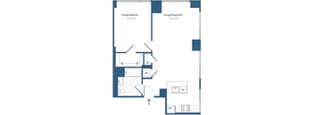 A floor plan of a room with a primary bedroom and a living/dining room.