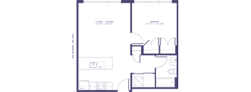 A floor plan of a living and dining area with a kitchen and a bathroom.
