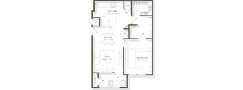 A floor plan of a house with a kitchen, dining room, living room, and bedroom.