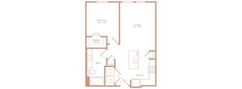 an illustration of a 1 bedroom floor plan with a bathroom and a living room