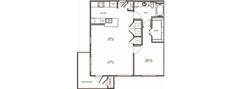 A black and white floor plan of a house with a kitchen, dining room, living room, bedroom, bathroom, and closet.