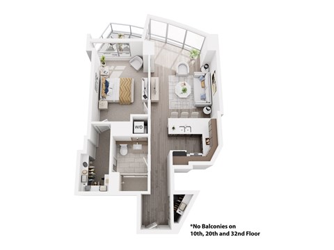A floor plan of an apartment with a note that there are no balconies on the 10th, 20th and 32nd floors.