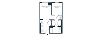 A floor plan of a small apartment with a living/dining room, a primary bedroom, and a reference area with electrical details.