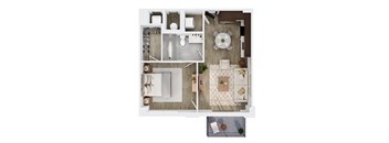 A top-down view of a modern bathroom and kitchen area.