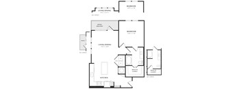 A black and white image of a floor plan for a house with two bedrooms, a living area, a kitchen, a patio, and a walk-in closet.