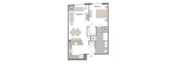 A floor plan of a small apartment with a living room, bedroom, and bathroom.