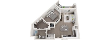 A 3D floor plan of a house with a kitchen, living room, and bathroom.