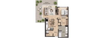 A floor plan of a small apartment with a living room, kitchen, bathroom, and bedroom.
