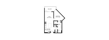 A drawing of a house plan with a living room, bedroom, bathroom, and kitchen.