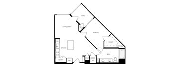 A black and white image of a house floor plan with a pantry, kitchen, living/dining area, bedroom, bathroom, and closet.
