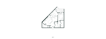 A floor plan of a house with labeled rooms such as bedroom, living room, kitchen, and bath.