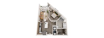 A floor plan of a small apartment with a kitchen, living room, and bathroom.