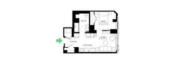 A floor plan of a house with a foyer, living room, kitchen, and bedrooms.