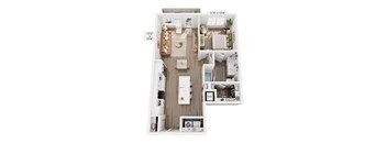 A floor plan of a small apartment with a kitchen, living room, and bedroom.