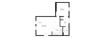 A floor plan of a small apartment with a living room, kitchen, bathroom, and bedroom.