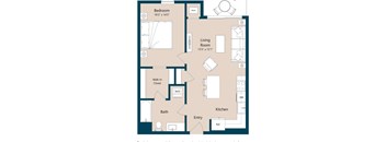 A floor plan of a house with a bedroom, living room, kitchen, bathroom, and walk-in closet.