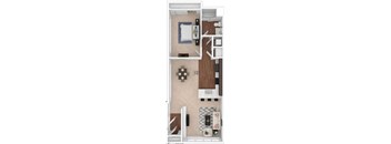 A floor plan of a small apartment with a bedroom, living room, and kitchen.
