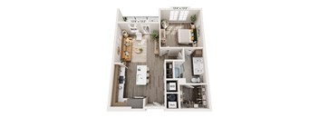 A 3D floor plan of a small apartment with a kitchen, living room, and bathroom.